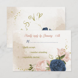 Navy Blush Bloemen Groene bladeren RSVP Kaartje