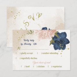 Navy Blush Bloemen Groene bladeren RSVP Kaartje