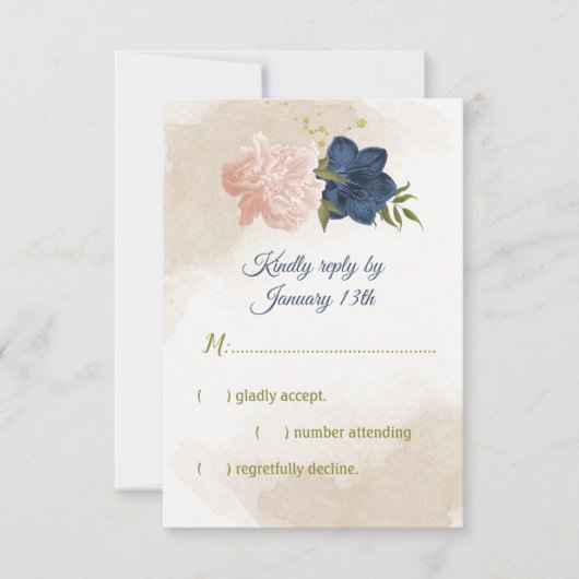 Navy Blush Bloemen Groene bladeren RSVP Kaartje (Voorkant)