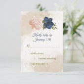 Navy Blush Bloemen Groene bladeren RSVP Kaartje (Staand voorkant)