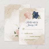 Navy Blush Bloemen Groene bladeren RSVP Kaartje (Voorkant / Achterkant)
