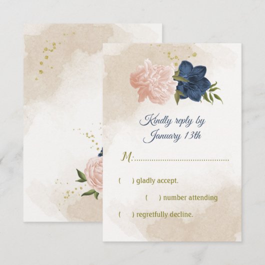 Navy Blush Bloemen Groene bladeren RSVP Kaartje (Voorkant / Achterkant)