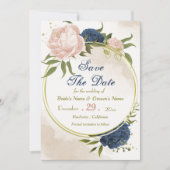 Navy Blush Bloemen Groene bladeren Save The Date (Voorkant)