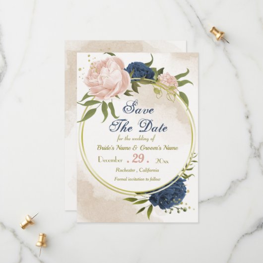 Navy Blush Bloemen Groene bladeren Save The Date (Voorkant / Achterkant in situ)