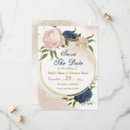 Navy Blush Bloemen Groene bladeren Save The Date
