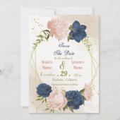 Navy Blush Bloemen Groene bladeren Save The Date (Voorkant)