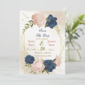 Navy Blush Bloemen Groene bladeren Save The Date (Staand voorkant)