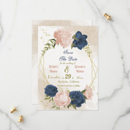 Navy Blush Bloemen Groene bladeren Save The Date