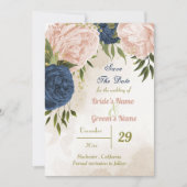 Navy Blush Bloemen Groene bladeren Save The Date (Voorkant)