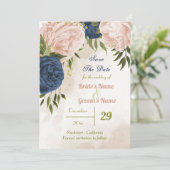 Navy Blush Bloemen Groene bladeren Save The Date (Staand voorkant)