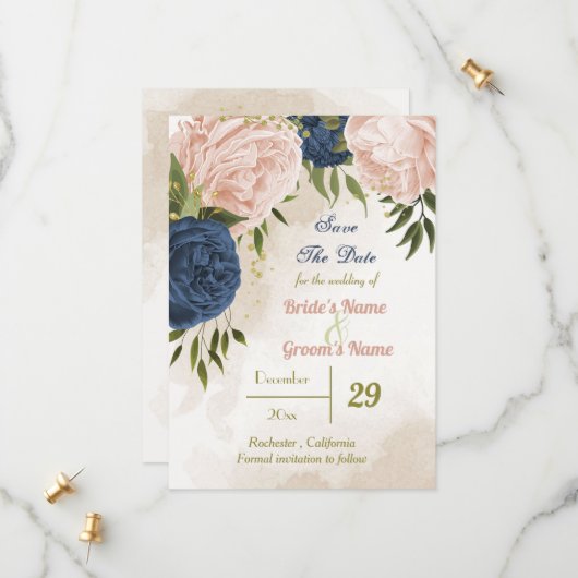 Navy Blush Bloemen Groene bladeren Save The Date (Voorkant / Achterkant in situ)