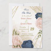 Navy Blush Bloemen Groene bladeren Save The Date (Voorkant)