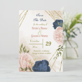 Navy Blush Bloemen Groene bladeren Save The Date (Staand voorkant)