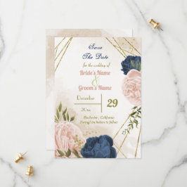 Navy Blush Bloemen Groene bladeren Save The Date