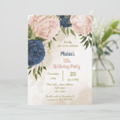 Navy Blush Bloemen Groene bladeren Verjaardag Kaart (Staand voorkant)