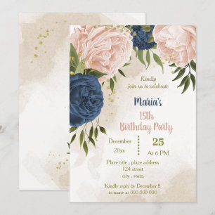 Navy Blush Bloemen Groene bladeren Verjaardag Kaart