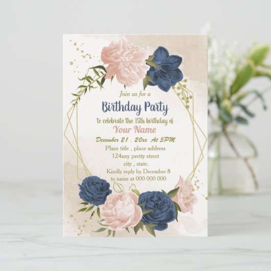 Navy Blush Bloemen Groene bladeren Verjaardag Kaart (Staand voorkant)