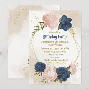 Navy Blush Bloemen Groene bladeren Verjaardag Kaart
