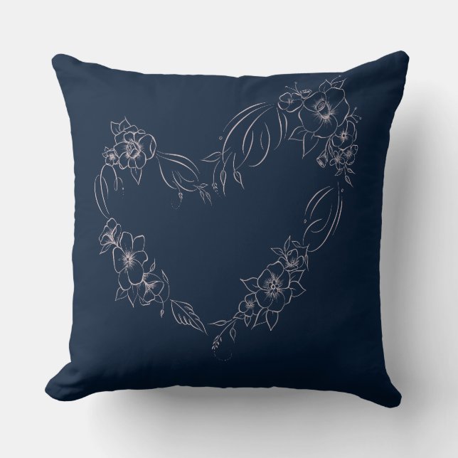 Navy+blush Bloemen Hart Kussen (Voorkant)