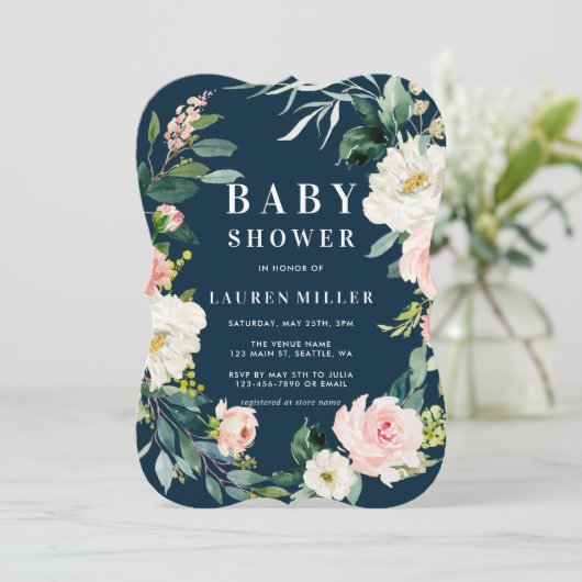 Navy Blush Bloemen Krans Baby shower Uitnodiging (Staand voorkant)