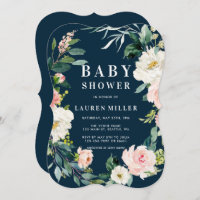 Navy Blush Bloemen Krans Baby shower Uitnodiging