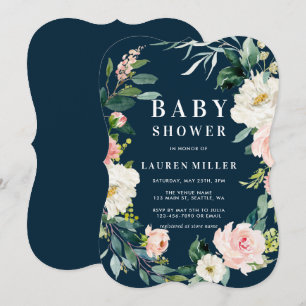 Navy Blush Bloemen Krans Baby shower Uitnodiging