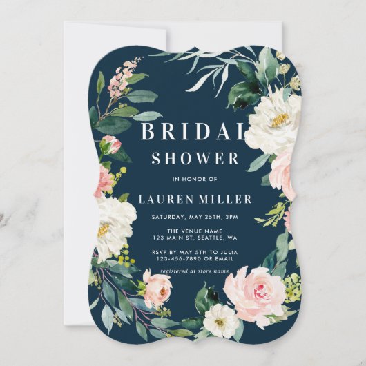 Navy Blush Bloemen Krans Bridal Douche Uitnodiging (Voorkant)