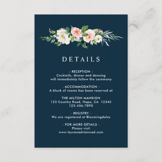 Navy Blush Bloemen Krans Bruiloft Details Informatiekaartje (Voorkant)
