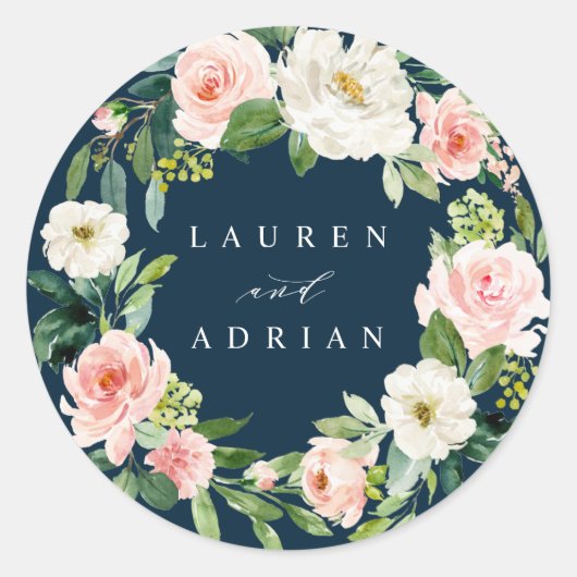 Navy Blush Bloemen Krans Bruiloft Ronde Sticker (Voorkant)