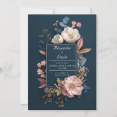Navy & Blush Bloemen Lijst bruiloft Kaart (Voorkant)