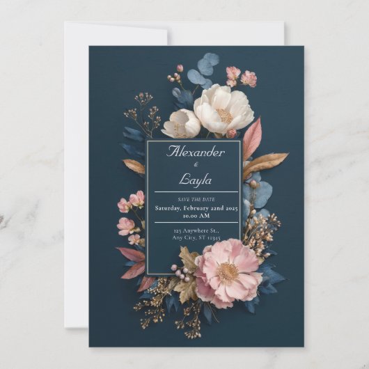 Navy & Blush Bloemen Lijst bruiloft Kaart (Voorkant)