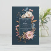Navy & Blush Bloemen Lijst bruiloft Kaart (Staand voorkant)