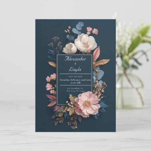 Navy & Blush Bloemen Lijst bruiloft Kaart (Staand voorkant)