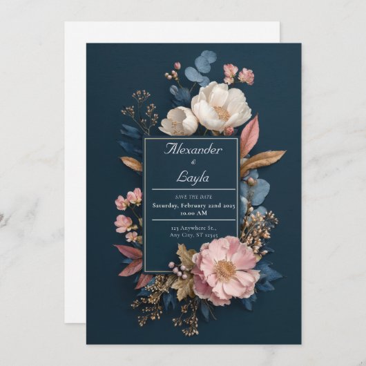 Navy & Blush Bloemen Lijst bruiloft Kaart (Voorkant / Achterkant)