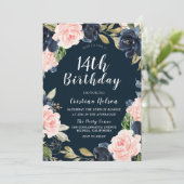 Navy Blush Bloemen Meisjes Jongens 14e Verjaardags Kaart (Staand voorkant)