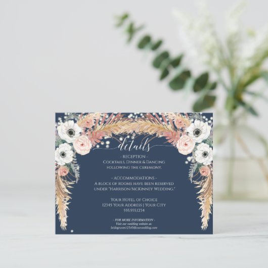 Navy Blush Bloemen Pampas Grass Twinkle Lights Kaart (Staand voorkant)