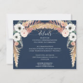 Navy Blush Bloemen Pampas Grass Wedding Details Kaart (Voorkant)