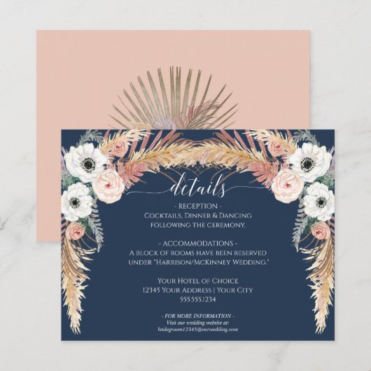 Navy Blush Bloemen Pampas Grass Wedding Details Kaart (Voorkant / Achterkant)