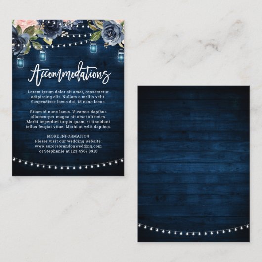 Navy Blush Bloemen Rustieke String Licht Accommoda Informatiekaartje (Voorkant / Achterkant)