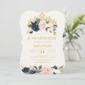 Navy Blush Bloemen Tiara Quinceanera Kaart (Staand voorkant)