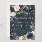 Navy Blush Bloemen Vlinder Geometrische Quinceaner Kaart (Voorkant)