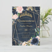Navy Blush Bloemen Vlinder Geometrische Quinceaner Kaart (Staand voorkant)