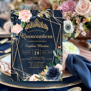 Navy Blush Bloemen Vlinder Geometrische Quinceaner Kaart