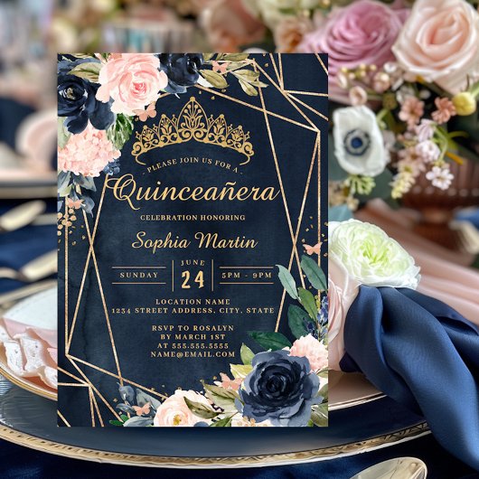 Navy Blush Bloemen Vlinder Geometrische Quinceaner Kaart