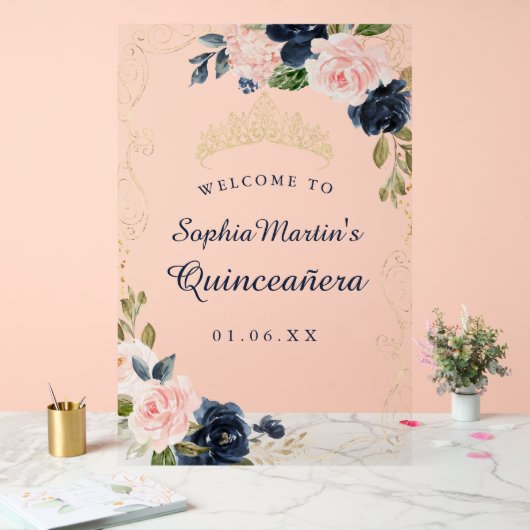Navy Blush Bloemen Wervel Quinceanera Acryl Teken Acryl Bord (Huwelijk)