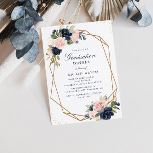 Navy & blush bloemengeometrisch afstuderen diner kaart