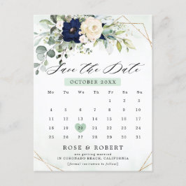 Navy Blush Bloemengroen Geometrisch Save the date Aankondigingskaart