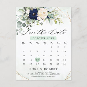 Navy Blush Bloemengroen Geometrisch Save the date Aankondigingskaart
