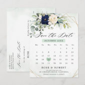 Navy Blush Bloemengroen Geometrisch Save the date Aankondigingskaart (Voorkant / Achterkant)