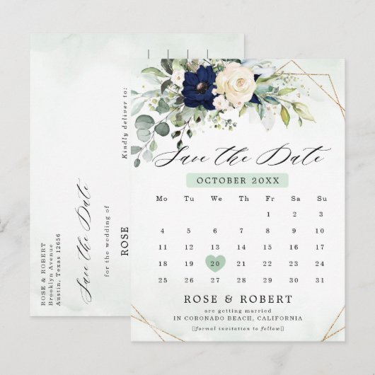 Navy Blush Bloemengroen Geometrisch Save the date Aankondigingskaart (Voorkant / Achterkant)